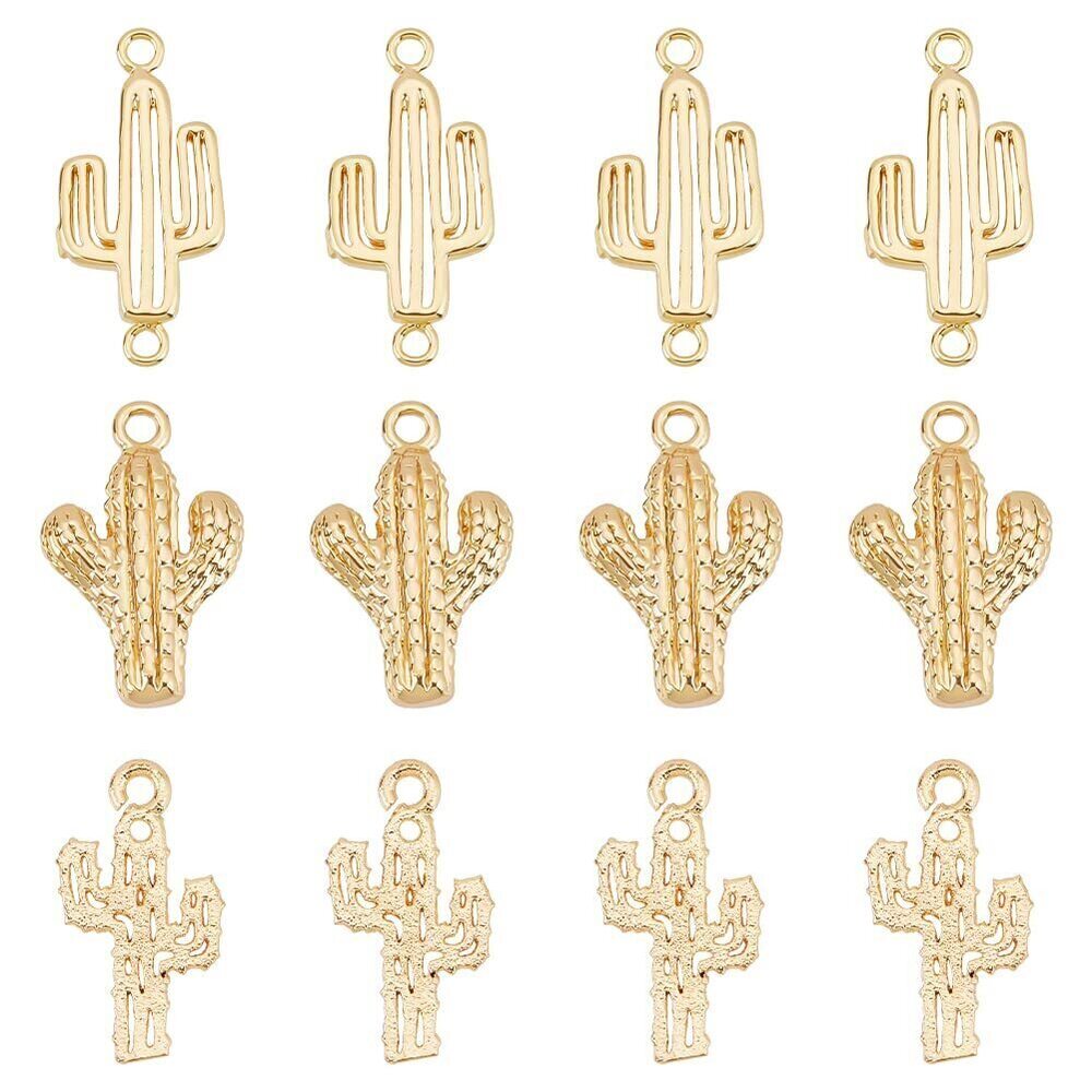 1245 12PCS 3 Style 18K Gold Plated Cactus Pendants, Cactus Links Charms